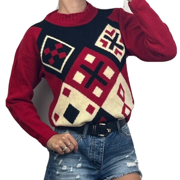 David Jones Sweaters - David Jones 100% Lambswool Knit Sweater Jumper Red Argyle Vintage Style L/XL